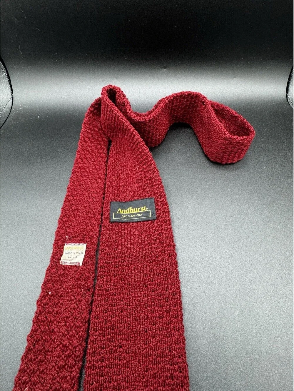 Vintage Andhurst Wool Knit Square End Tie Red USA 54” x 3.75” 60s 70s